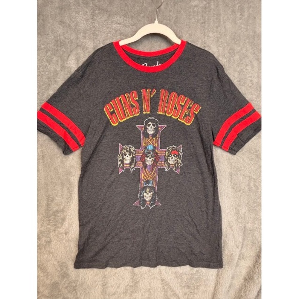 Bravado Guns N' Roses Ringer Tee Charcoal Grey Red Stripe Graphic Shirt Large‎